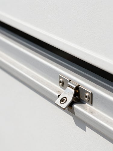 Close-up of clean garage door tracks and steel hinges, bright Southern California daylight, sharp focus on mechanical details, 50mm lens