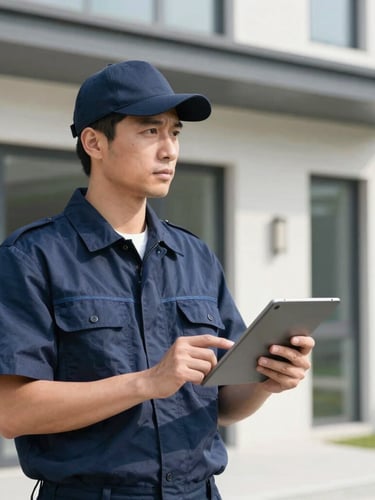 Medium-shot portrait of a professional WestStar technician in a clean navy uniform inspecting a modern rental property exterior, holding a digital tablet, bright natural daylight, clean high-contrast tones, sharp focus, 35mm lens