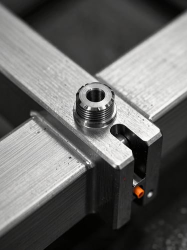 Stark industrial photography, harsh high-contrast studio light, monochrome, close-up of a heavy tension joint on brushed aluminum extrusions, sharp macro focus, 35mm