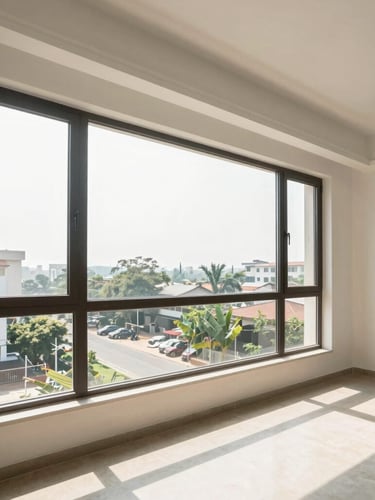 Bright architectural interior of a modern apartment in Bangalore, natural daylight streaming through a large window, clean lines, professional framing