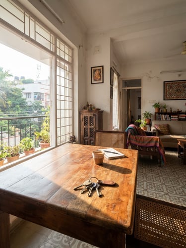 Bright, well-lit interior of an authentic Indian apartment, natural daylight streaming across a wooden table with a set of keys, wide angle, realistic color palette