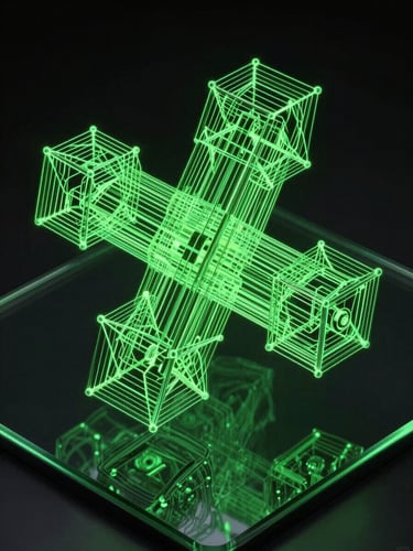 Abstract 3D geometric wireframe rendering of a complex physics engine simulation, neon cyber-green lines glowing against a dark glass surface, high-contrast technical aesthetic.