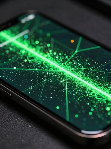 Extreme close-up of a mobile device screen displaying high-fidelity 60fps gameplay, vibrant electric cyber-green particles reflecting off polished dark glass edges, moody low-light studio setting.