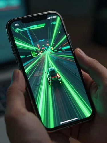 Extreme close-up of a sleek smartphone held in hands, displaying a fluid neon-green cyber-punk racing game UI. Dark glass reflections, moody ambient lighting with electric cyan glows, high-contrast details.