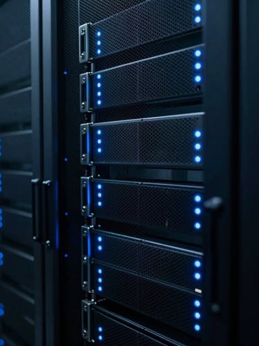 Close-up of abstract server racks with cool blue indicator lights, low-key moody ambient lighting, sharp technical details, 35mm