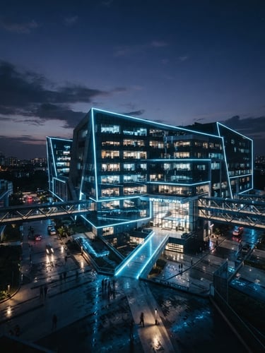 Low-key moody ambient photograph of a modern tech hub in Bengaluru at dusk, sharp architectural lines, cool ice-blue LED accents, wide horizontal view, 35mm