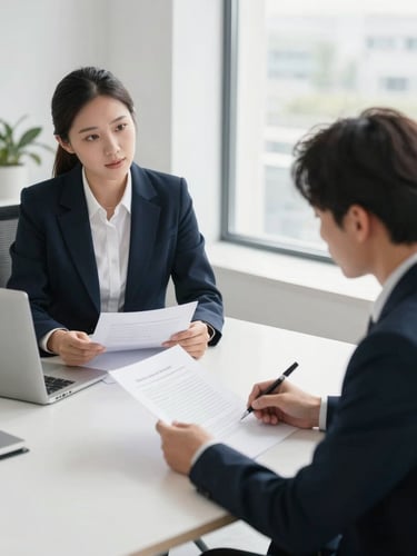 Two professional legal advisors discussing documents in a bright natural-light office space, clean modern editorial style