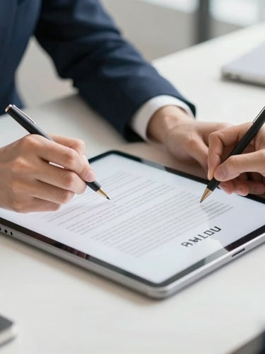 Close-up of hands signing a contract on a digital tablet, clean modern desk, natural light, corporate navy tones, sharp focus, 35mm