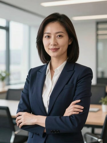 Approachable legal advisor in a bright, natural-light modern office, deep navy tones, direct gaze, professional portrait