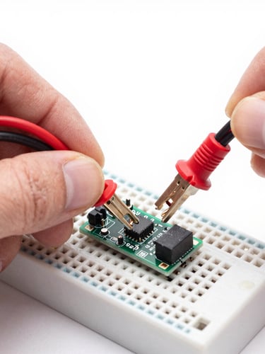 Extreme close-up of hands wiring a breadboard with vivid red jumper wires, bright high-key white studio lighting, sharp focus on microcontroller, 50mm