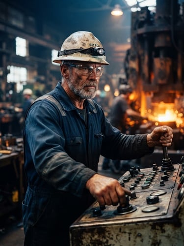 Experienced industrial worker in a hard hat and safety glasses, hands on heavy machinery controls, focused and determined, natural industrial workshop lighting, rich blue and orange tones, sharp focus, 35mm, portrait aspect, cinematic.