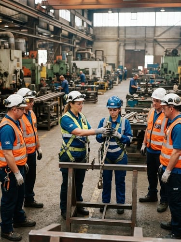 Equipe de trabalhadores industriais em treinamento prático de segurança, capacetes e coletes, em ambiente de fábrica com máquinas pesadas ao fundo, luz natural e industrial.