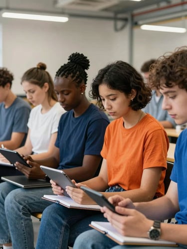 Portrait shot of a diverse group of adult students engaging in a collaborative learning session, using tablets and notebooks in a bright, modern educational setting, natural industrial workshop lighting, rich blue and orange tones, sharp focus.