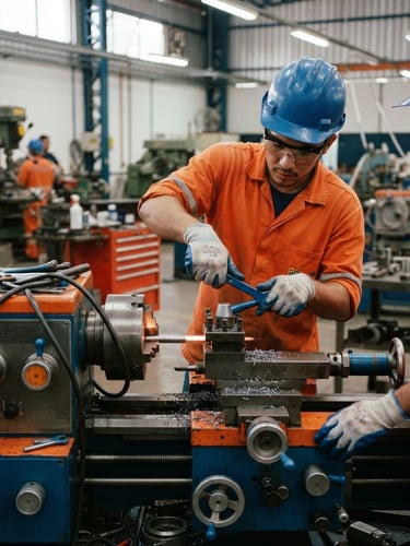 Close-up of students in safety gear operating heavy industrial machinery in a modern, well-lit workshop, focus on hands and tools, rich blue and orange tones, natural industrial lighting, sharp focus, 35mm, Parauapebas, Brazil.