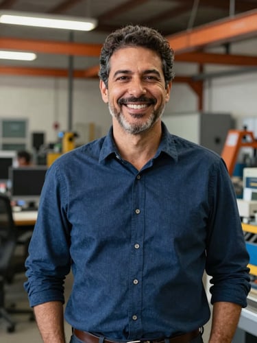 Professional portrait of Professor Leonardo Oliveira, founder of Grupo Impacto Educacional, warm and confident expression, industrial training center background, natural lighting, sharp focus, 35mm