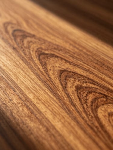 Close-up of premium kiln-dried mahogany wood grain, rich warm brown tones, soft golden sunlight casting long shadows across the textured surface, shallow depth of field, editorial 35mm photography.