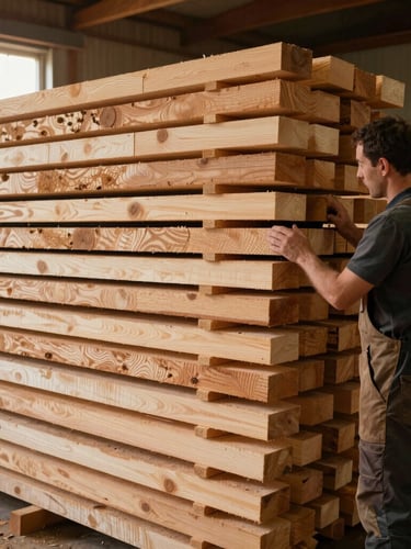 A master craftsman inspecting a massive stack of raw timber planks inside a warm, sunlit wood kiln workshop, 35mm photography