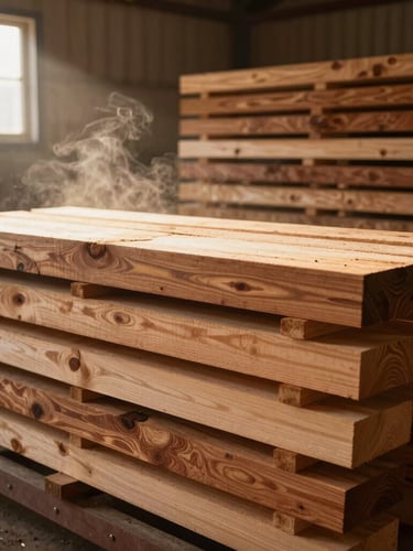A professional industrial wood kiln chamber, steam rising softly, stacked neat timber planks of mahogany, warm interior lighting, cinematic editorial