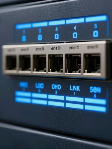 Macro shot of a high-security network interface on a dark screen, showing encrypted data streams and status indicators in electric blue and white, clean corporate tech style