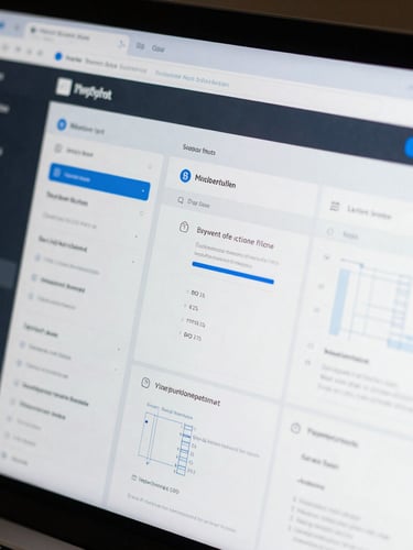 A close-up high-contrast view of a clean dark-themed SharePoint dashboard interface displaying operational status indicators and technical schematics, cool blue lighting, sharp focus.