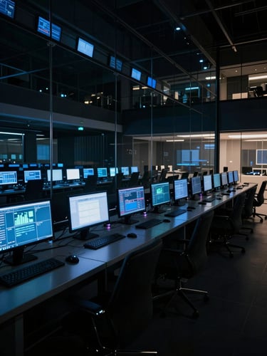 Low-key, high-contrast interior of a modern technology operations center, cool blue monitor glows reflecting on dark glass surfaces, wide perspective.