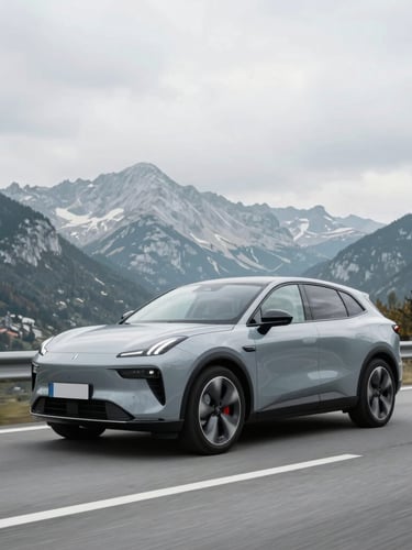 Sleek modern SUV driving on a clean Slovenian highway with scenic Alps in the background, bright overcast daylight, cool desaturated tones, sharp focus, 35mm lens