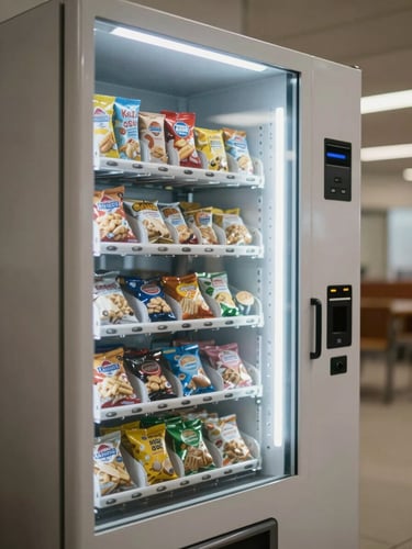 Close-up environmental shot of a modern snack vending machine installed in a university common area hallway, rows of packaged snack products visible behind glass, institutional fluorescent lighting, no people, cool-neutral tones