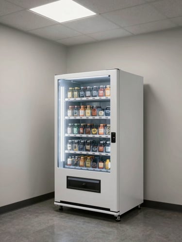 Wide environmental shot of a compact vending machine installed in a small office breakroom corner, minimal footprint, institutional overhead lighting, no people, cool-neutral color grading