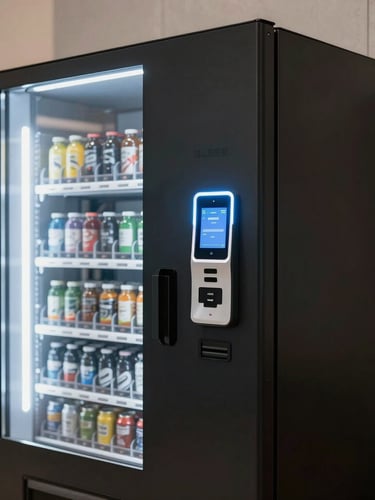 Sleek matte black vending machine integrated into a premium corporate lobby, glowing contactless payment interface and clean product display.