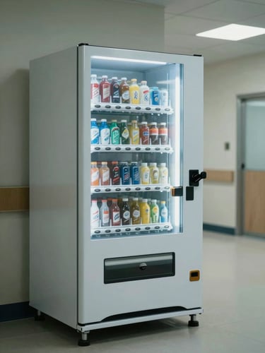 Environmental photograph of a medium-size vending machine positioned in a clinic waiting room hallway, products visible behind glass panel, institutional fluorescent lighting, no people, cool-neutral tones