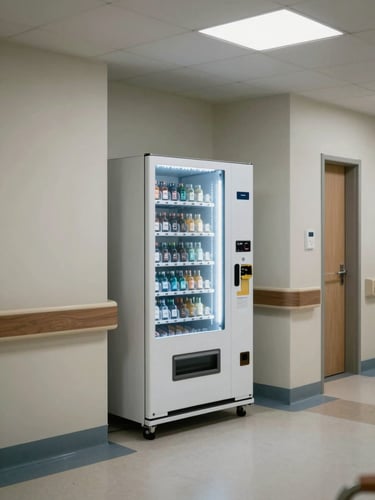 Institutional hospital corridor viewed from a slight angle, a vending machine positioned against the wall near a waiting area, overhead fluorescent lighting, clean linoleum floor, no people visible, cool neutral palette