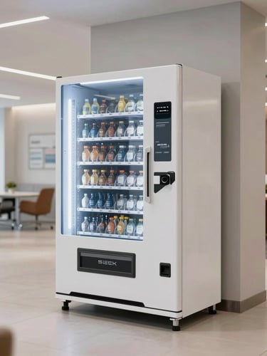 Sleek modern vending machine integrated seamlessly into a bright premium office lobby, clean architectural lighting, wide environmental shot