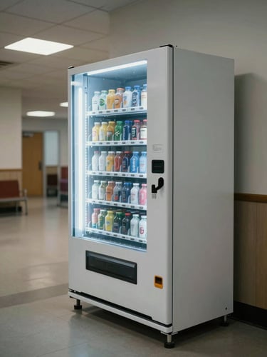 Wide-angle shot of a large full-height vending machine installed in a university common area, generous product selection visible through glass, institutional lighting, empty corridor, cool-neutral color grading