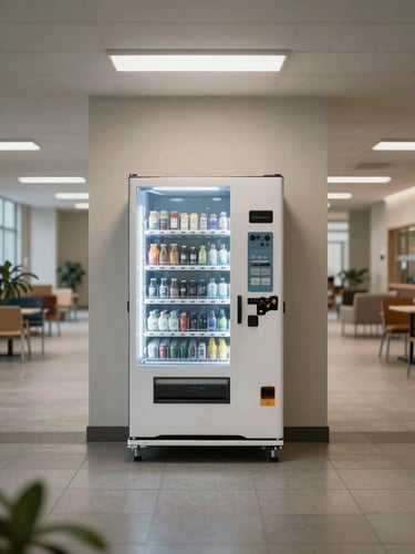 Wide-angle view of a modern vending machine installed in a bright university common area hallway, machine centered in frame, overhead institutional lighting, product display window visible, no people in foreground, cool neutral tones