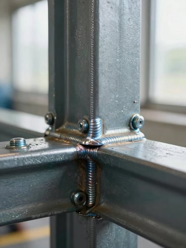 Extreme close-up of a bolted and welded steel beam-to-column connection, precise weld bead and bolt pattern visible, industrial natural light from a side window, shallow depth of field on the joint face