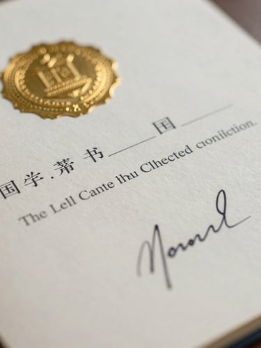 Close-up of a certified document with an official gold embossed seal and signature, soft natural daylight, shallow depth of field.
