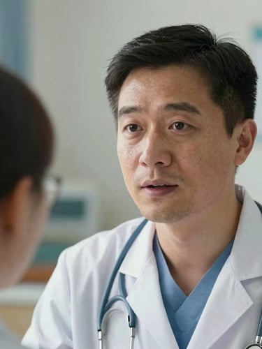 A close-up photograph of a professional medical interpreter in soft daylight, actively listening with an empathetic expression, hospital setting blurred soft-focus in the background.
