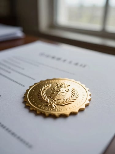 Macro shot of a certified legal document with an official gold embossed seal, soft natural daylight from a side window, shallow depth of field, sharp focus on the stamped texture.