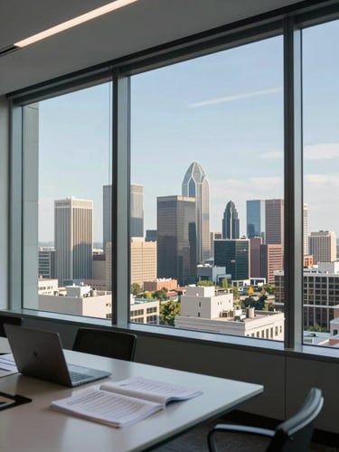 Wide view through floor-to-ceiling boardroom glass, Dallas skyline stretching to the right horizon, a desk with open documents and a laptop in the foreground left, cool daylight, no people visible