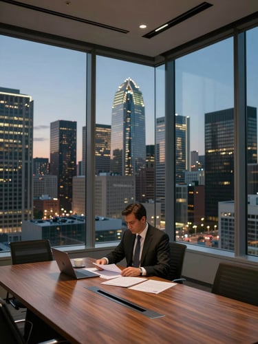 Wide view from inside a Dallas high-rise boardroom at dusk, city grid visible through floor-to-ceiling glass, a single professional seated at a long table reviewing documents, warm office light against the dark skyline