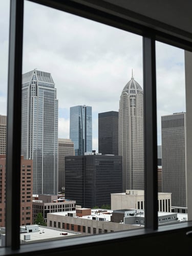 Wide panoramic view of the Dallas skyline at midday seen from inside a high-floor office window, city towers stretching left to right, overcast professional daylight, glass and steel geometry, no people visible