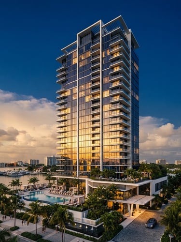 Wide architectural shot of a modern luxury residential building in Miami at golden hour, clean lines, deep blue sky, soft warm sunlight reflecting on glass, 35mm lens