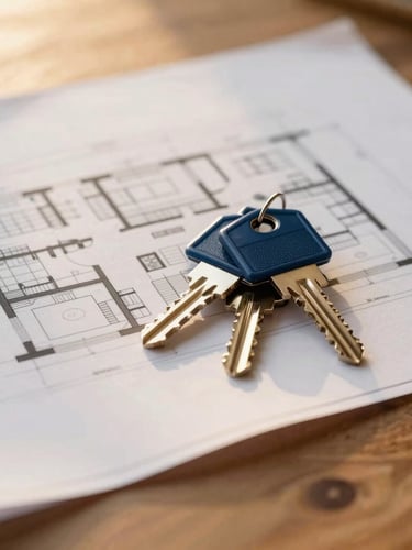 Close-up of clean architectural blueprints and house keys resting on a warm wooden table, soft golden-hour light, premium corporate feel, 35mm lens