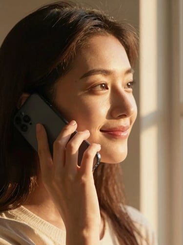 Close-up of a young woman looking out of a window during golden hour, smiling softly while holding a phone to her ear, warm natural light.