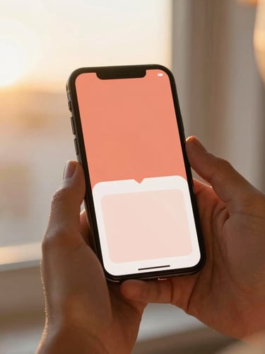 A clean smartphone mockup showing a warm, beautifully designed mobile app home screen with a soft coral interface, held gently in hands during golden hour.