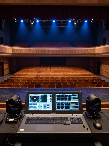 Wide shot of an empty, well-lit auditorium during soundcheck, spotlights on the stage, technical AV console in the foreground, deep blues and warm amber accents, sharp focus, high contrast, 35mm lens