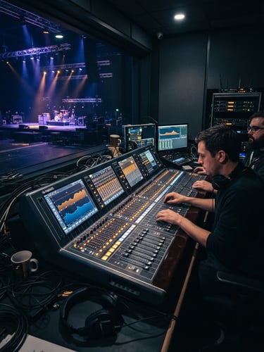 Wide shot of a modern AV control booth during a soundcheck, focused on a complex mixing console with glowing amber lights, deep blue and slate tones, high contrast, 35mm lens.