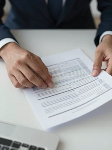 Close-up overhead of hands reviewing a financial document on a clean desk, regulatory forms partially visible, soft diffused office lighting, professional institutional environment, muted neutral tones