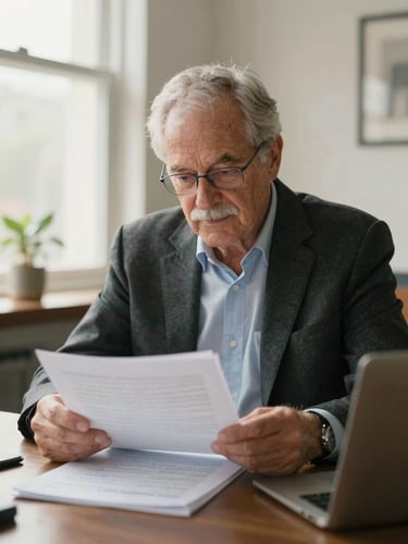 A warm, authentic portrait of a senior financial advisor in a sunlit office, reviewing documents, 35mm editorial photography, soft natural daylight.