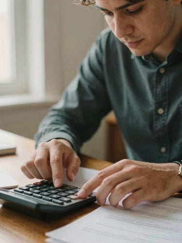 A warm close-up of a mentor guiding a young professional through financial calculations on a wooden desk, soft natural light from a side window, 35mm photography